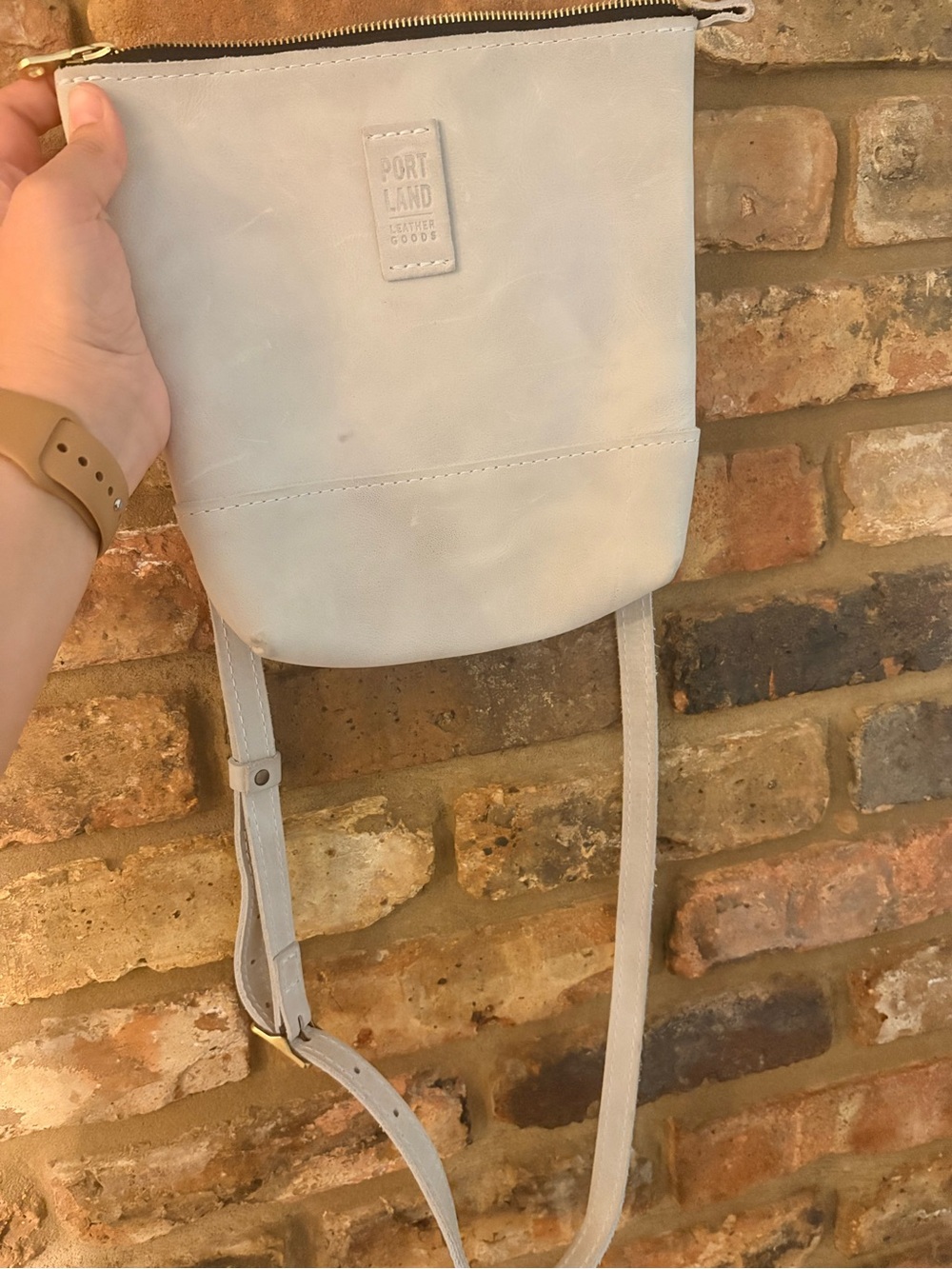 Portland Leather Beluga Crossbody Bag with Gold Zipper
